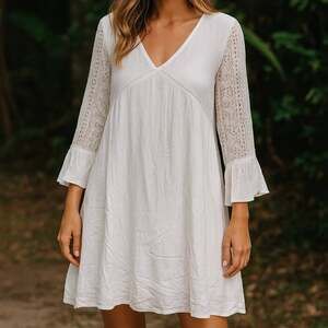 Morrisday Bomi White Dress Medium Lace Embroidered Sleeves NWT Feminine Fit